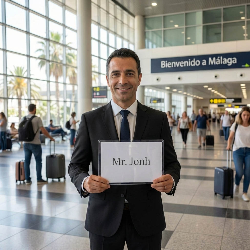 Conductor con cartel de bienvenida